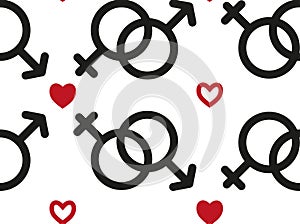 Seamless pattern with male and female sex icons. Elements for Valentine`s Day with symbols of heart, chains with symbols.